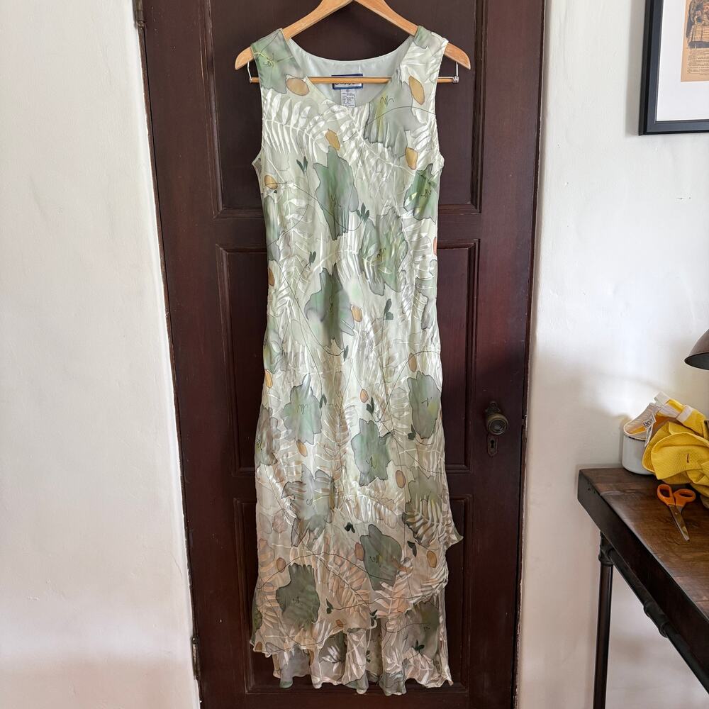 90s Vintage Simply Silk Burnout Silk Bias cut asymmetric Hem Maxi Dress | XL
